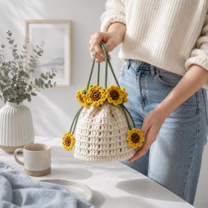 Handgehäkelter Sonnenblumen-Beutel mit Kordelzug, Mini-Aufbewahrungsbeutel aus Baumwolle, kleines Portemonnaie mit Blumenmuster