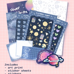 Starry Night Stationery Bundle | Celestial Space Stickers, Art Print, Notepads