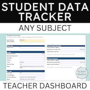 May include: A digital student data tracker dashboard for teachers with the text STUDENT DATA TRACKER ANY SUBJECT TEACHER DASHBOARD. The interface displays a student summary with sections for roster info, grades, parent contact, behavior, and IEP/504 plans.
