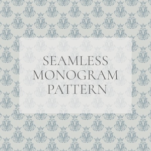 May include: A seamless pattern featuring a repeating monogram design with a crown. The pattern is in shades of blue and gray on a light gray background. The text "SEAMLESS MONOGRAM PATTERN" is displayed in a white rectangle.
