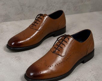 Handmade men tan brown leather dress shoes