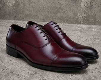 Handmade men burgundy leather lace up cap toe office shoes, Formal shoes for mens