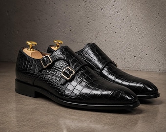 Handmade black crocodile leather Monk Strap Office shoes, Men Dress shoes