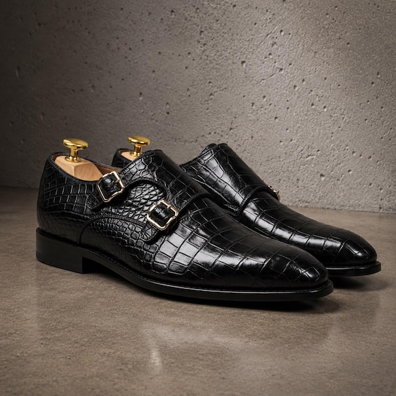Handmade black crocodile leather Monk Strap Office shoes, Men Dress shoes