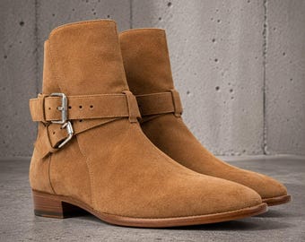 Handmade brown suede high ankle side buckle formal boots, Party boots for mens