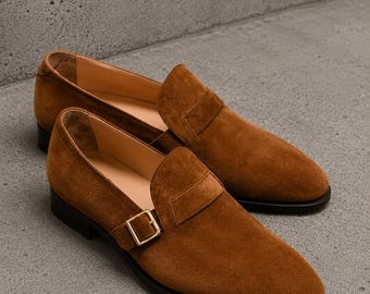 Handmade men brown suede buckle slip ons office shoes, Dress shoes for mens