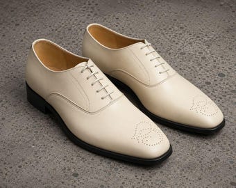 Handmade beige leather lace up men brogue office shoes, Dress shoes for mens