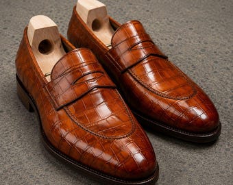 Handmade Men Tan Alligator pattern Leather Slip Ons Office Shoes, Dress shoes for mens