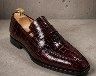 Handmade dark brown crocodile textured leather moccasins, Loafers for mens