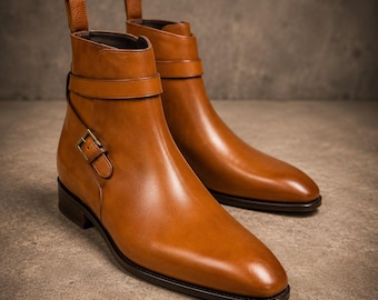 Handmade men tan monk strap leather jodhpur ankle boots, Dress boots for mens