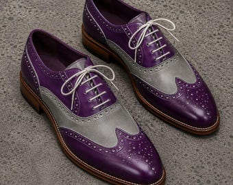Handmade purple & gray wingtip brogue lace up dress shoes for mens, office shoe for men