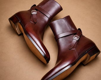 Botas de vestir para hombre, de cuero marrón, hechas a mano, con correa al tobillo.