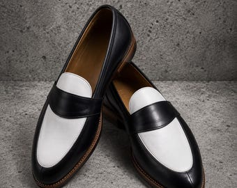 Handmade Men Black & White Leather Penny Loafers Slip ons Office Shoes
