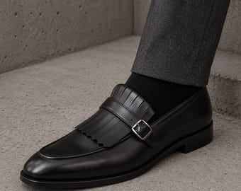 Handmade Men Black Fringes Leather Buckle Penny Loafers Slip ons Office Shoes