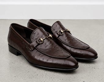Handmade Men Dark Brown Ostrich Leather Loafers Office Shoes, Dress shoes for mens