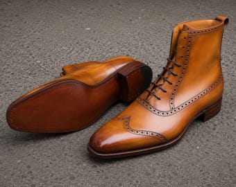 Handmade men tan leather high ankle lace up formal wingtip boot, Dress for mens