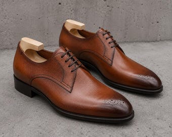 Handmade brown leather derby men lace up office shoes, Dress shoes for mens