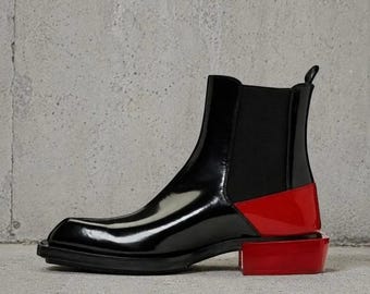 Handmade patent black leather chelsea ankle boots, Dress boots for mens