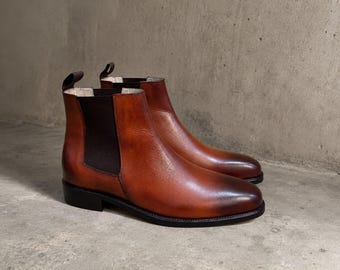 Handmade men brown leather chelsea ankle boots
