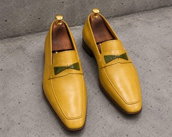 Handmade Men Black & White Leather Penny Loafers Slip ons Office Shoes