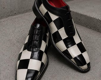Handmade Two-Tone Checkered Leather Lace Up Dress Shoes, Men's Office Shoes