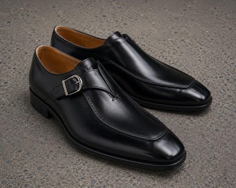 Handmade black leather single monk strap men office shoes, Dress shoes for mens