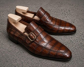 Handmade Men Brown Alligator Pattern Leather Buckle Loafers Office Shoes, Dress shoes for mens