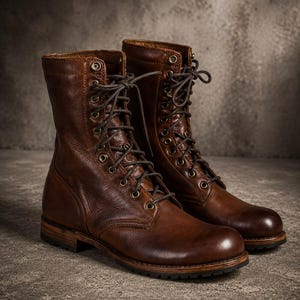 Op de afbeelding: Een paar halfhoge veterschoenen van verweerd bruin leer. Deze laarzen hebben een ronde neus, een gestapelde houten hak, een donkere rubberen profielzool en donkerbruine veters die door metalen oogjes en bovenste haken zijn geregen.