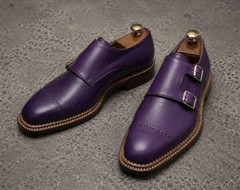 Handmade purple leather double monk men office shoes, Dress shoes for mens