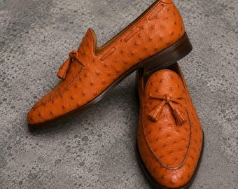 Handmade Men Tan Ostrich textured Leather Tassels Loafers Office Shoes, Dress shoes for mens