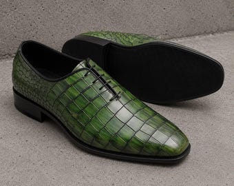Handmade men dark green crocodile leather lace up office shoes, Dress shoes for mens