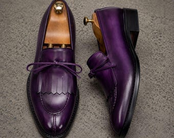 Handmade Men Purple Fringes Laces Leather Penny Loafers Slip ons Office Shoes