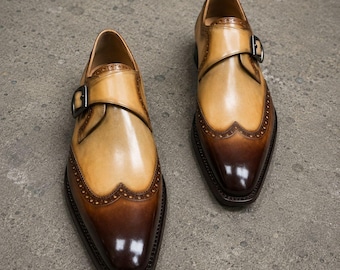 Handmade two tone leather wingtip monk strap men office shoes, Dress shoes for mens