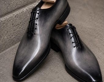 Handmade Shaded Gray Leather Lace Up Men Dress Shoes, Men's Office Shoes