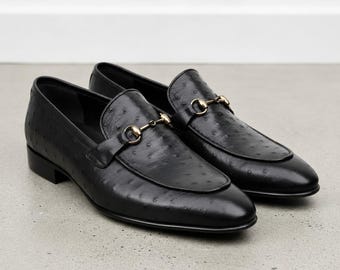 Handmade Men Black Ostrich Leather Loafers Office Shoes, Dress shoes for mens