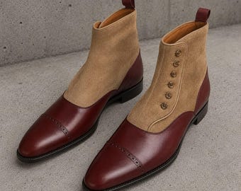 Handmade red & brown ankle buttons men dress boots, office boots for mens