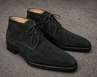 Handmade stylish dark green suede ankle lace up formal boots, Dress boots for mens