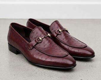 Handmade Men Burgundy Ostrich Leather Loafers Office Shoes, Dress shoes for mens