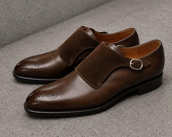 Handmade dark brown leather suede brogue buckle office shoes, Dress shoes for mens