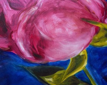 Dipinto ad olio originale di rosa rosa, natura morta floreale espressiva