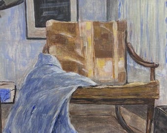 Insonnia, dipinto originale a guazzo, sedia in un angolo tranquillo con tessuto drappeggiato