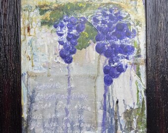 Dipinto originale in tecnica mista raffigurante uva, arte botanica strutturata