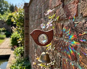 Wooden Bird Wind Chime Crystal Hanging Bell Suncatcher Outdoor Garden Decor Beech Wood Copper Bell Patio Porch Ornament Gift