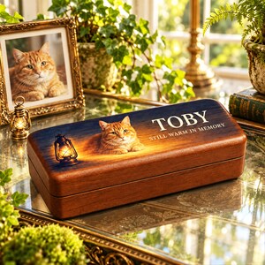 May include: A rectangular wooden box featuring a printed image of an orange tabby cat lying next to a glowing lantern. The text TOBY and STILL WARM IN MEMORY is printed in white on the lid. The box has a smooth, dark brown finish.