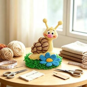Peut inclure: Une figurine d'escargot au crochet avec un corps jaune clair, une coquille en spirale marron et un nez rose, posée sur une base en laine verte avec une fleur bleue. L'escargot est entouré de pelotes de laine, ciseaux, mètre ruban et tissus.