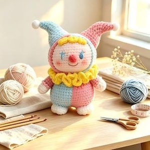 Pastel Split Color Clown Crochet Pattern PDF | Beginner Kawaii Jester Amigurumi Plush Instant Download Tutorial