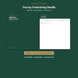 May include: A digital startup fundraising bundle template set featuring a dark green pitch deck cover titled Building the Future of Work and a white monthly investor update page for June 2026, presented on a dark green background with text.