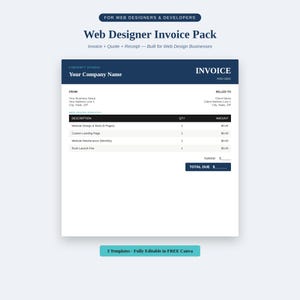 Peut inclure: Un modèle de facture numérique pour concepteurs et développeurs web intitulé Web Designer Invoice Pack. Le document présente un en-tête bleu foncé avec le texte Fincraft Studio et Invoice #INV-0001, incluant des champs pour le nom de l'entreprise.