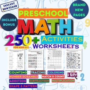 May include: A digital collection of 250 preschool math activity worksheets featuring counting, tracing, coloring, number scramble, match and count, addition, subtraction, multiplication, and shape and pattern exercises for children ages 4-7.