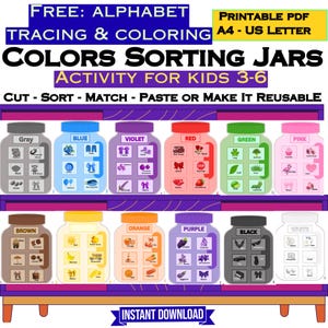 Colors Sorting Jars Activity, Cut & Paste, Preschool Printable, kindergarten Worksheets, Reusable color jar, Homeschool, Digital Download